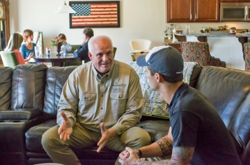 Pat Fleming talks to Nathan Paterson at his home in Savannah, Ga. 