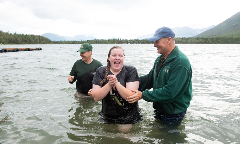 Kimberly Johnsen was joyfully baptized under the cold waters of Lake Clark. 