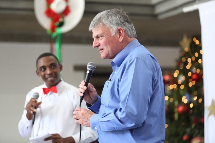 Franklin Graham addresses those gathered for today's events at the Greta Home and Academy in Haiti.
