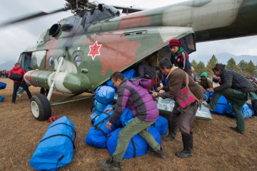 Unloading relief in Nepal from helicopter