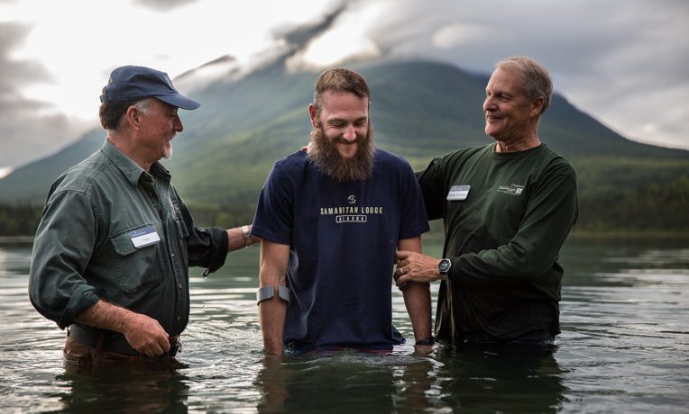 Our retired military chaplains baptize Marine veteran Phil Quintana in Lake Clark.