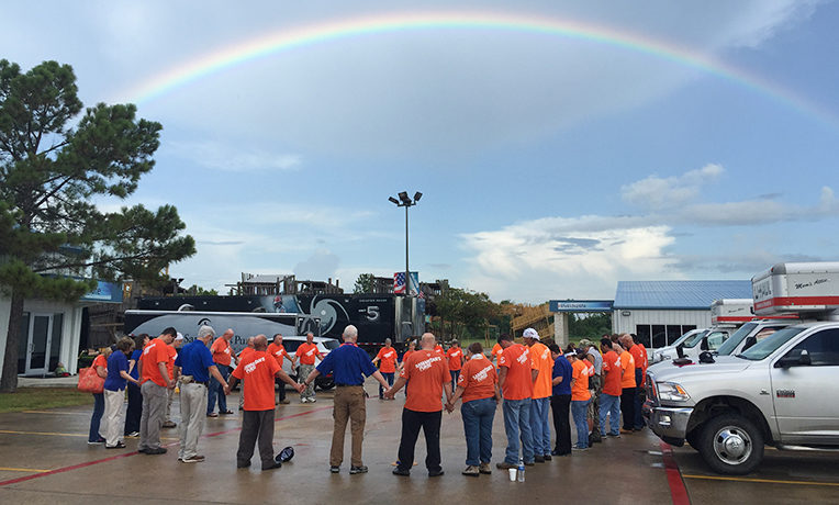 A rainbow in the sky. Prayer came first each day before serving homeowners in Brazoria County, Texas.