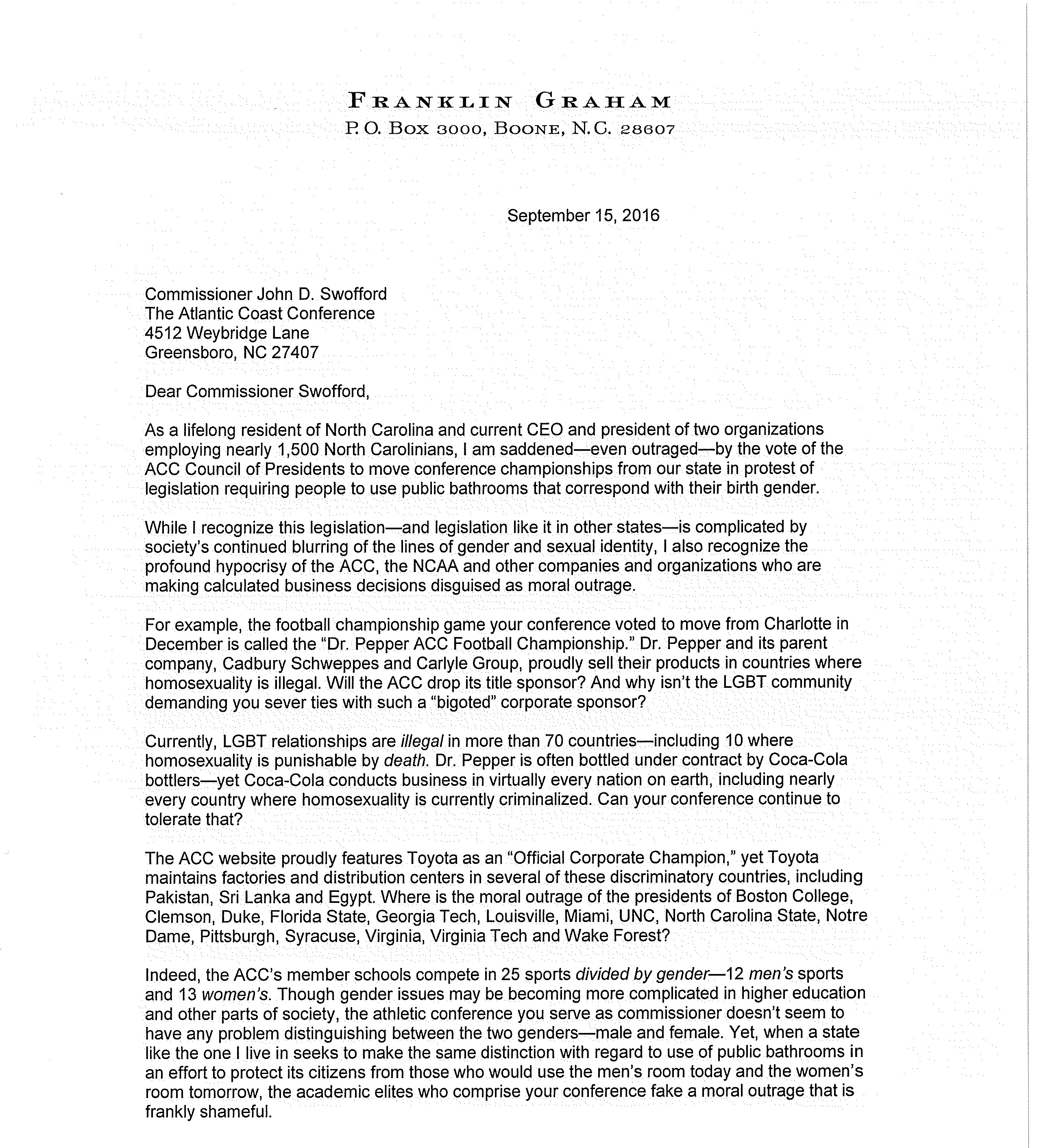 Letter to ACC Commissioner-Franklin Graham