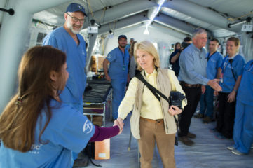 Greta Van Susteren and Franklin Graham greet our staff at the emergency field hospital outside Mosul.