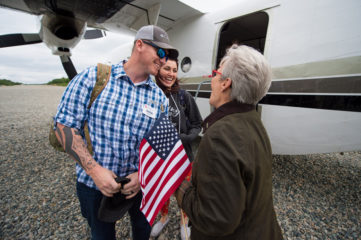 Jane Austin Graham greets Air Force Staff Sergeant Justin and Shauna Morrison of North Carolina.
