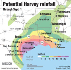 Predicted rainfall through Sept. 1 for Hurricane Harvey.