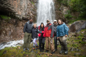 This waterfall near Lake Clark is a favorite destination for couples. From left: Marine Sergeant Anthony Polvinale and his wife Kayln, Army Sergeant Marco Solt and his wife Gina, Army Sergeant First Class Matthew Hartle and his wife Brooke