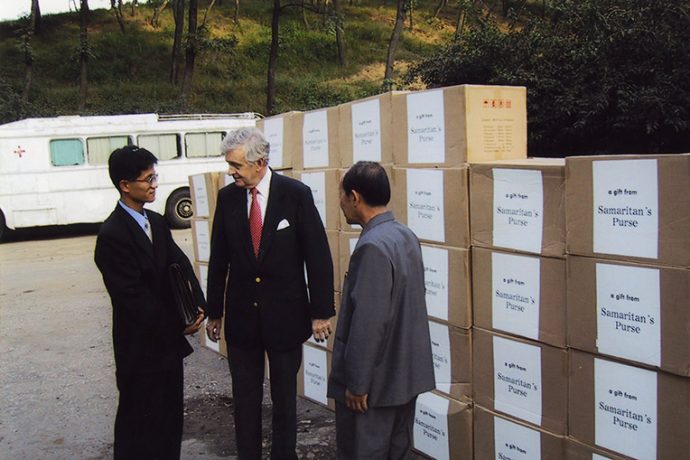 Samaritan’s Purse Board Member Dr. Melvin Cheatham presents medical supplies to a delegation in North Korea.