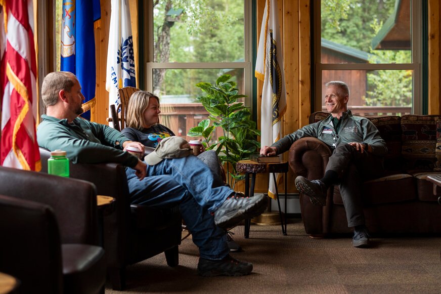Couples and chaplains have an opportunity to talk at the lodge throughout the week.