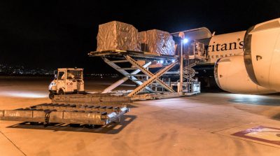 Unloading emergency relief supplies in Beirut.