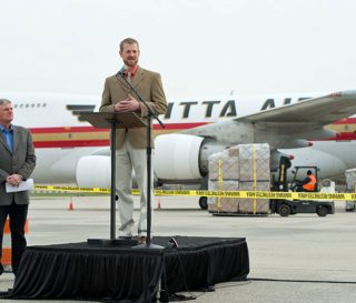 Dr. Kent Brantly and Franklin Graham announce an airlift of Ebola treatment supplies to Liberia. Months earlier, Dr. Brantley and nurse Nancy Writebol contracted but survived the deadly illness.
