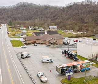 Drone shot from relief site in flooded Kentucky