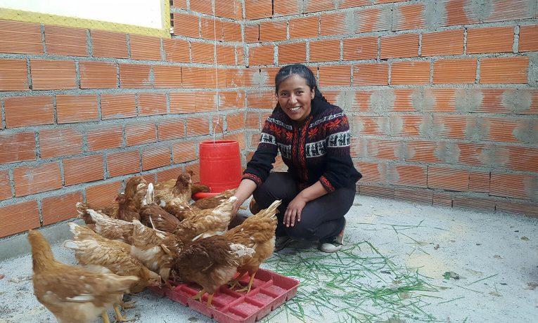 Marlene feeds the hens that Samaritan’s Purse gave to her to help her start her own small business. Five years ago, Marlene and her family exchanged city life for the rural foothills of the snow-capped Illimani mountain. The 21,000-foot Andes subrange serves as a backdrop to Bolivia’s capital city of La Paz where Marlene grew up. After Marlene’s mother became estranged from her husband, she wanted to raise her daughters closer to family in the countryside of the Palca region.