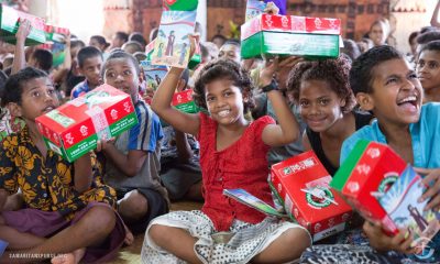 Children are delighted to receive Operation Christmas Child shoebox gifts during a previous distribution event in the Pacific Islands.