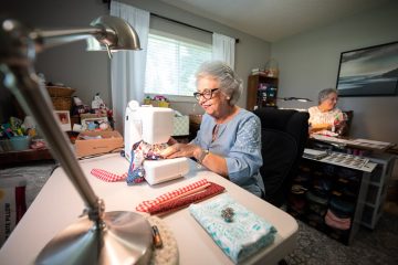Margarita and Barbara meet once a week and enjoy sewing together. 