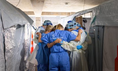 Samaritan's Purse staff pray together at the Emergency Field Hospital in Mississippi.