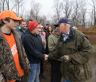 Mike Pence greeting volunteers in Mayfield, Kentucky, on Dec. 18.