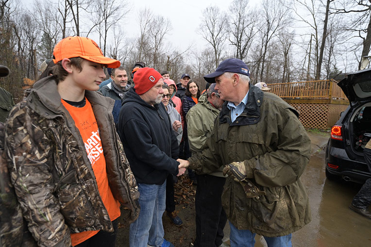 Vice President Mike Pence encourages Samaritan's Purse volunteers in Mayfield, Kentucky, on Dec. 18, 2021.