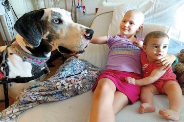 A therapy dog and a visit with her baby sister, Irene, lifted Arwen’s spirits during her stay at a children’s hospital in Michigan.