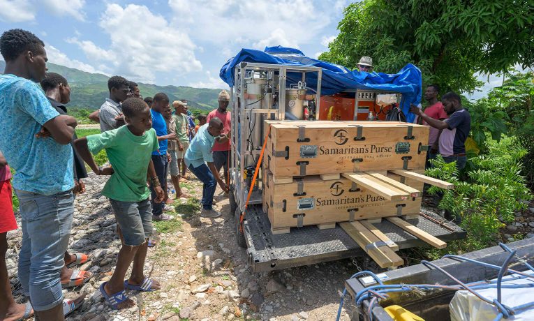 Our FreshSpring mobile water treatment system provides clean water for communities struck by disasters in remote places.