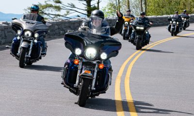 Bikers on the Blue Ridge Parkway during the High Country Warrior Ride near Boone, North Carolina.