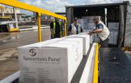 Samaritan's Purse team unloads relief supplies airlifted to Puerto Rico.