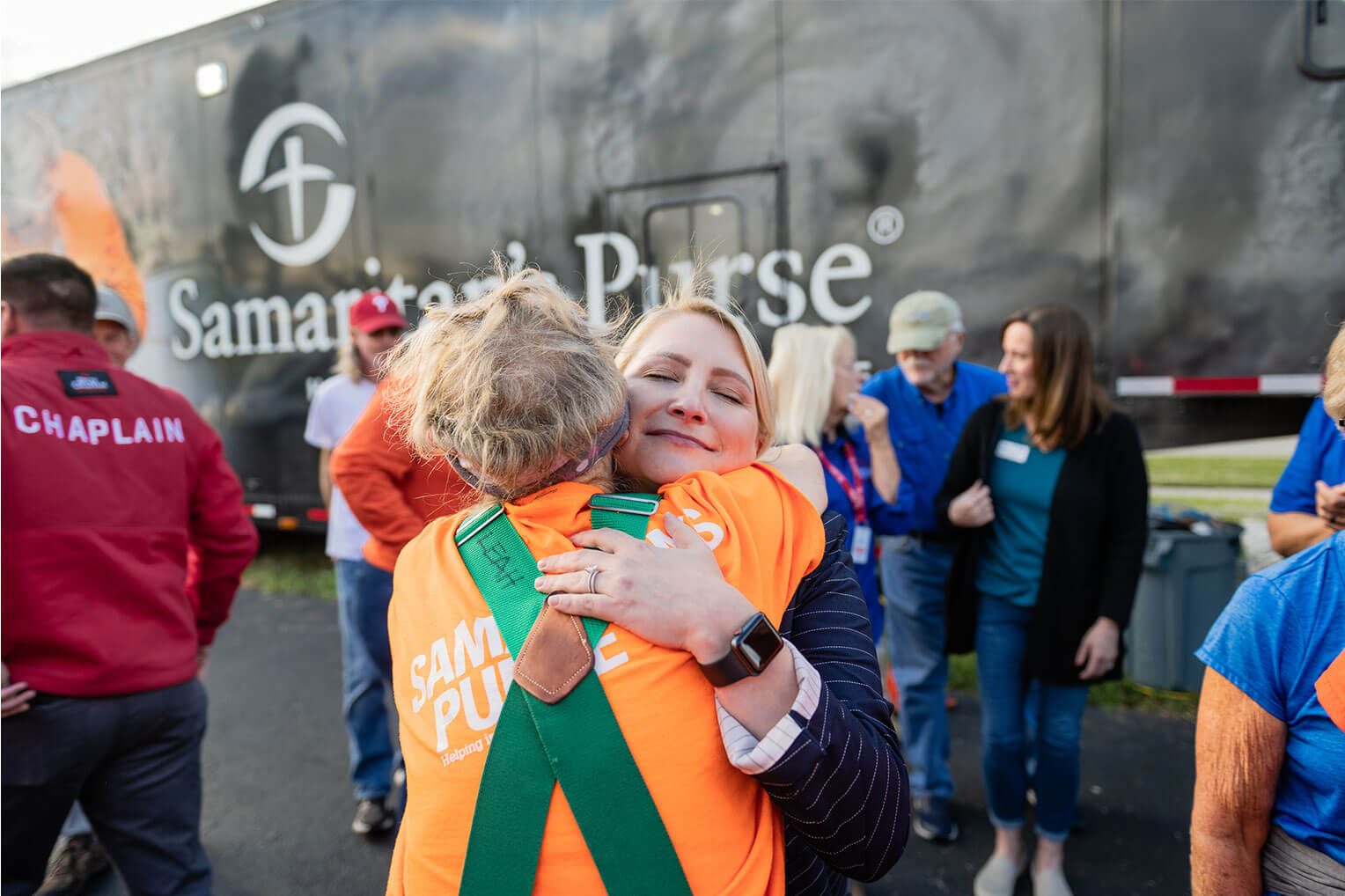 Elizabeth Groff hugs a Samaritan's Purse volunteer in Punta Gorda, Florida.