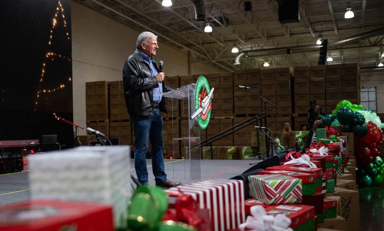 Franklin Graham speaks on Dec.3 in Charlotte, thanking staff and volunteers at our shoebox processing center.