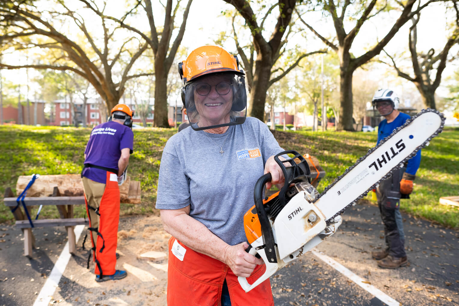 June Stephens refined her chainsaw skills at the Sharing Hope in Jesus' Name conference this year.