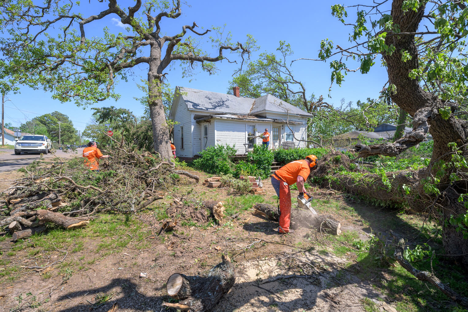 Un tornado derribó grandes árboles en la propiedad de Kathy Phelps en Shawnee, Oklahoma.