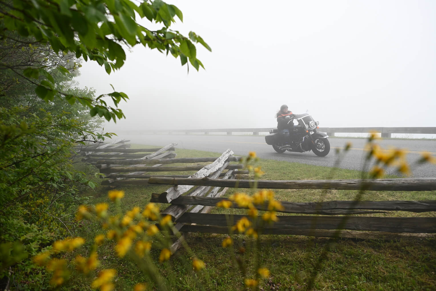 Este motociclista experimentó la belleza de North Carolina en la niebla.