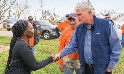 Franklin Graham greets a homeowner in Mississippi in the wake of terrible tornadoes.