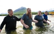 Austin and Cass Dickinson were baptized together in Lake Clark near Samaritan Lodge Alaska.