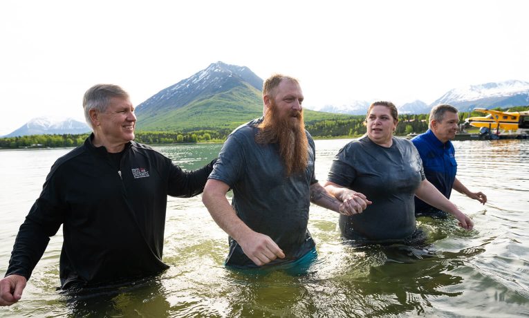 Austin and Cass Dickinson were baptized together in Lake Clark near Samaritan Lodge Alaska.