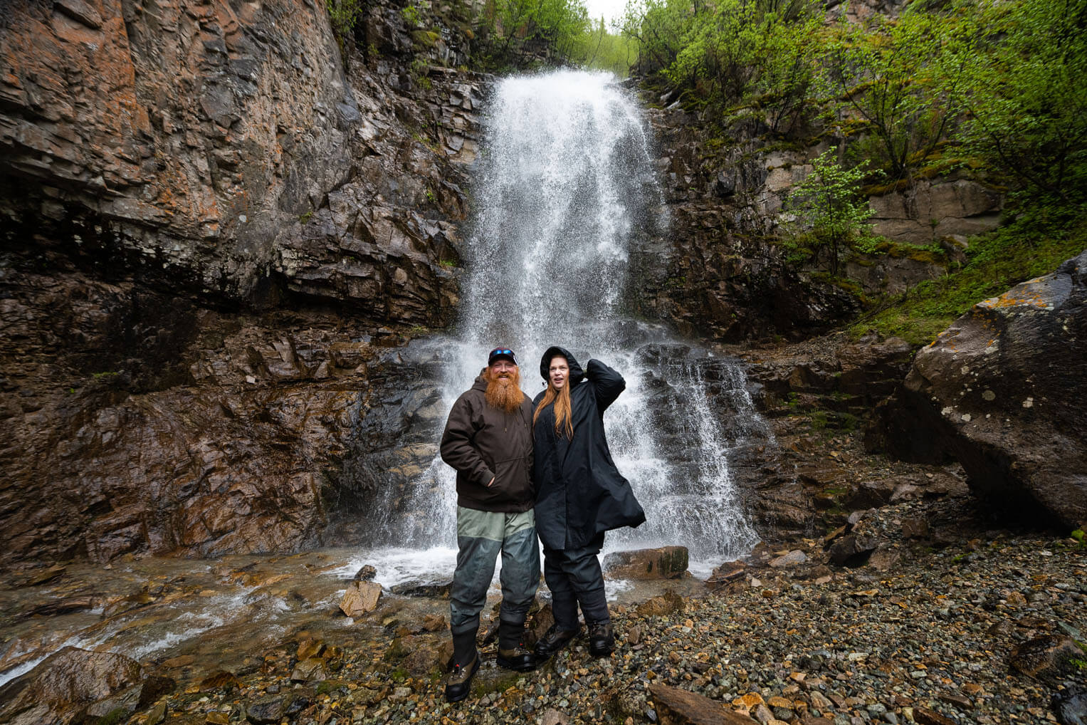The Dickinson's enjoyed time exploring a waterfall near the shores of Lake Clark.