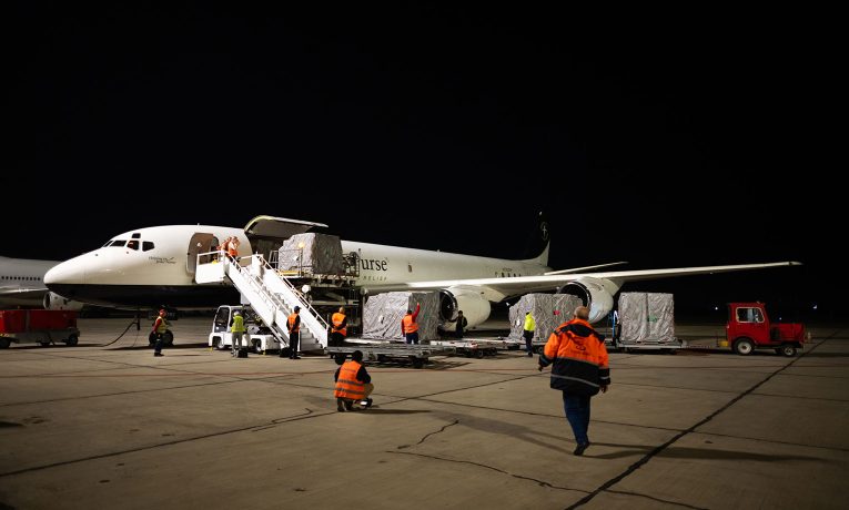 The DC-8 unloads aid in Yerevan, Armenia.