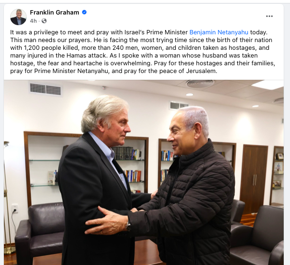 Franklin Graham meets Israeli Prime Minister Benjamin Netanyahu. Facebook post.