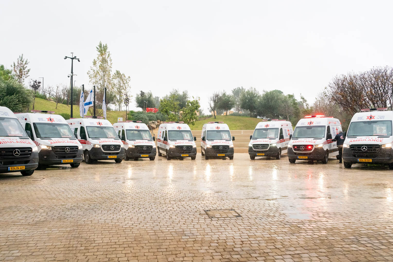 The 14 ambulances, uparmored to defend against Hamas attacks, will help protect Magen David Adom members as they render aid to the wounded.