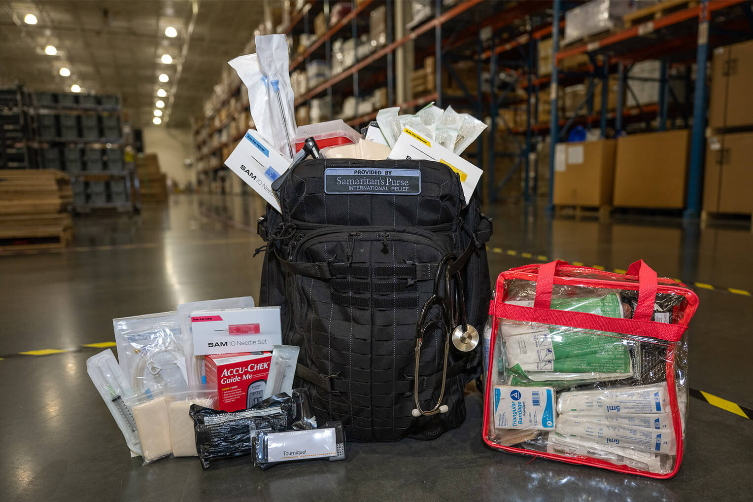 Samaritan's Purse trauma kits are filled with 70 medical items—including a tourniquet, chest tube kit, suture kit, and intubation kit—to equip emergency response professionals.