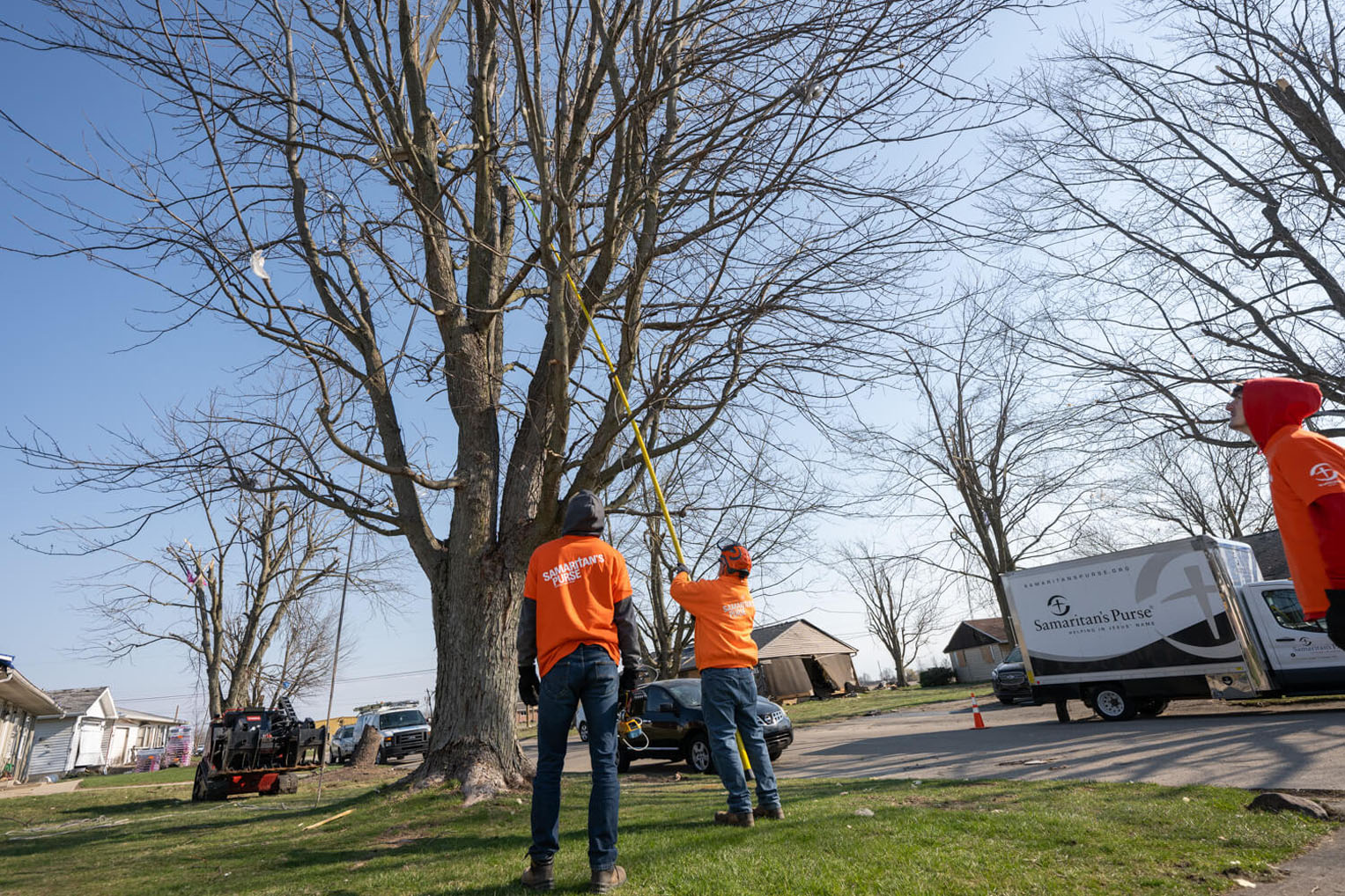 A chainsaw team takes down dangerous broken branches from a tornado-damaged tree.