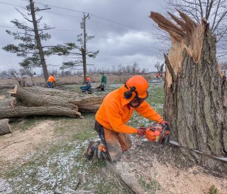 Volunteers have been hard at work since Sunday, cutting up fallen trees, cleaning up yards, and tarping damaged roofs.