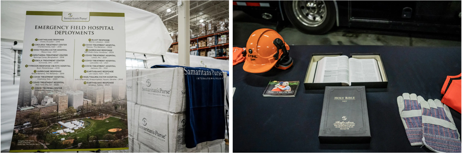 (Left) A poster listing Samaritan’s Purse emergency field hospital deployments hangs at its warehouse in North Wilkesboro, N.C., on April 18, 2024. (Right) Bibles sit on a work table alongside safety equipment and orange volunteer t-shirts. (Madalina Vasiliu/The Epoch Times)