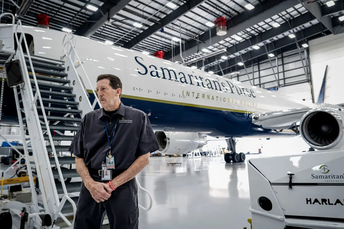 Andrew Klischer, director of operations at Mission Aviation Services, at the Samaritan’s Purse airport hanger in Greensboro, N.C., on April 18, 2024. (Madalina Vasiliu/The Epoch Times)