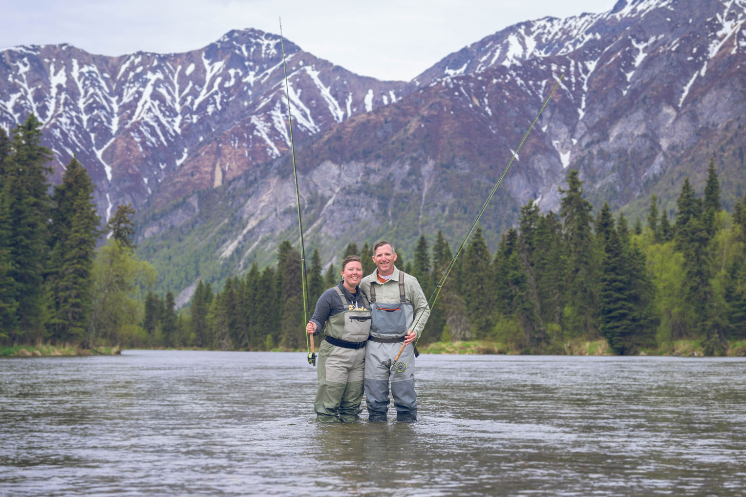 Army Staff Sergeant Chad Hindal and his wife, Emily, enjoyed a day fishing at Lake Clark National Park's Kijik River near Samaritan Lodge Alaska.