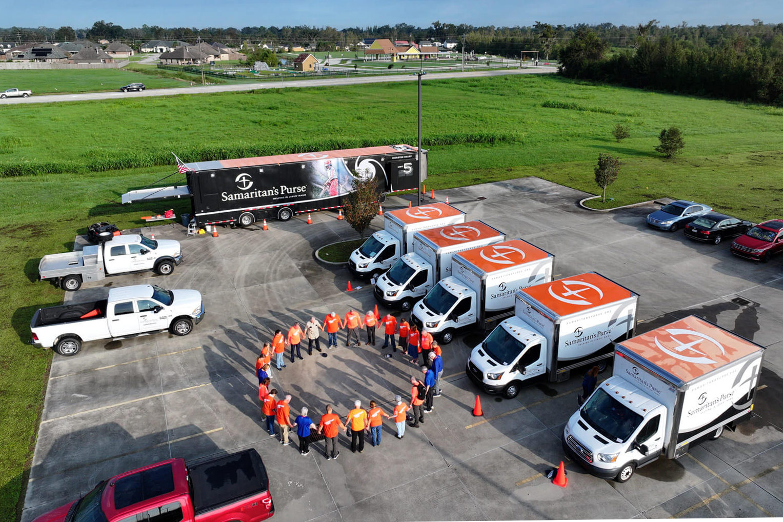 Volunteers pray together before beginning the day's work in south-central Louisiana.