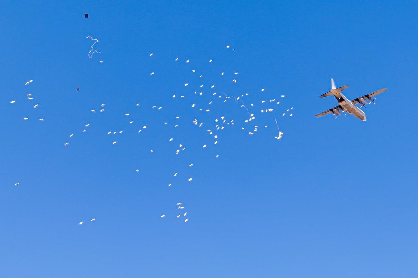 Aunque parecían folletos contra el cielo abierto, cada uno de esos paquetes llevaba alimentos vitales para zonas en dificultades.