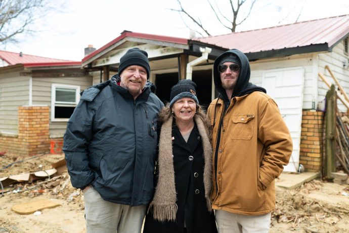 Chris West (left) grew up in the house that was lost during Hurricane Helene, and he and his wife, Kimberly (center), raised their son Andrew (right) there as well.