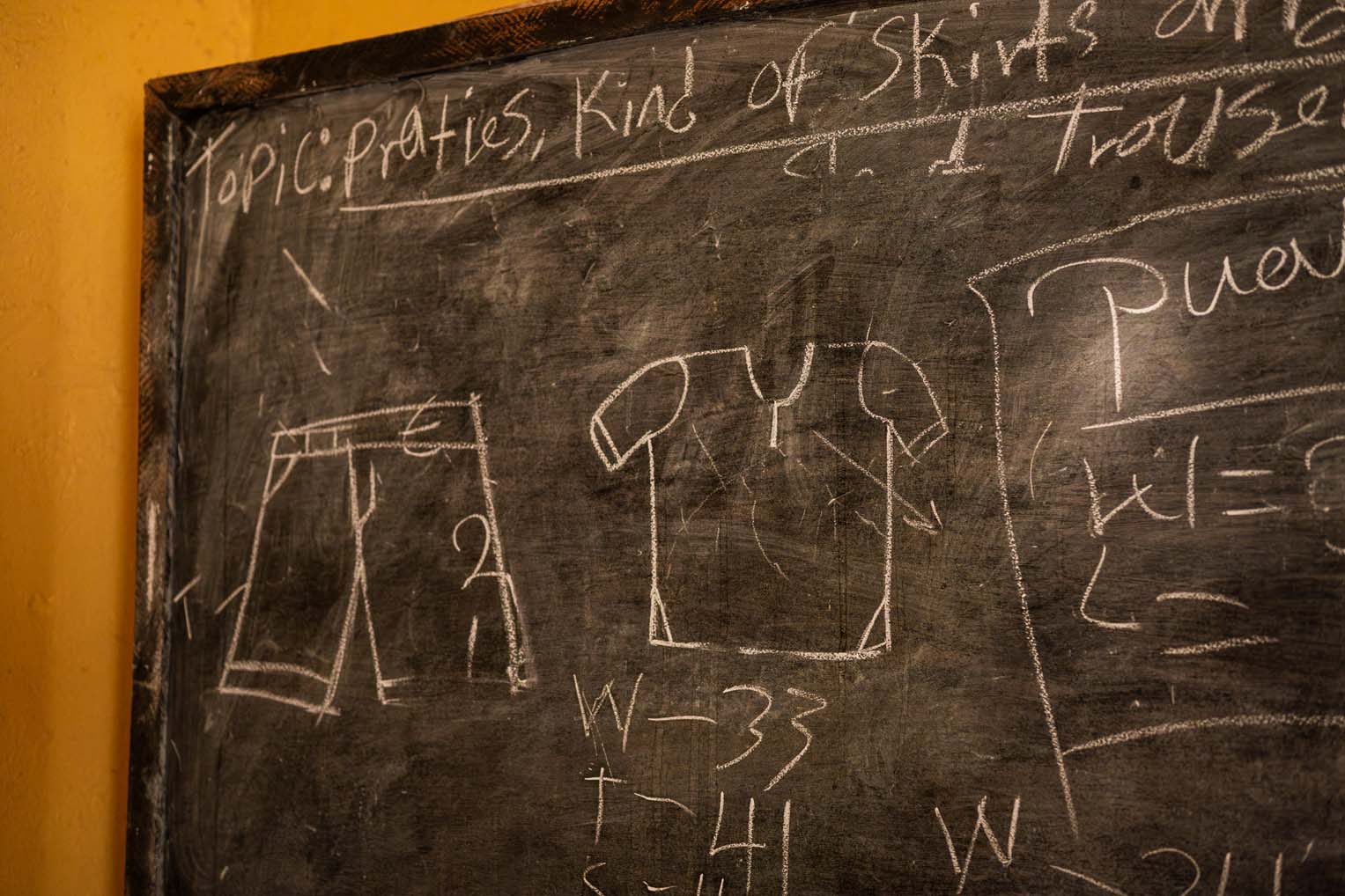 A blackboard depicts stitching patterns to follow.
