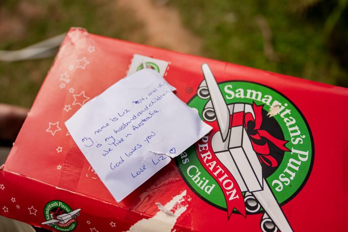 Handwritten note on top of shoebox