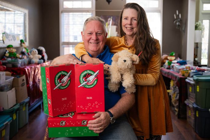 couple with shoeboxes